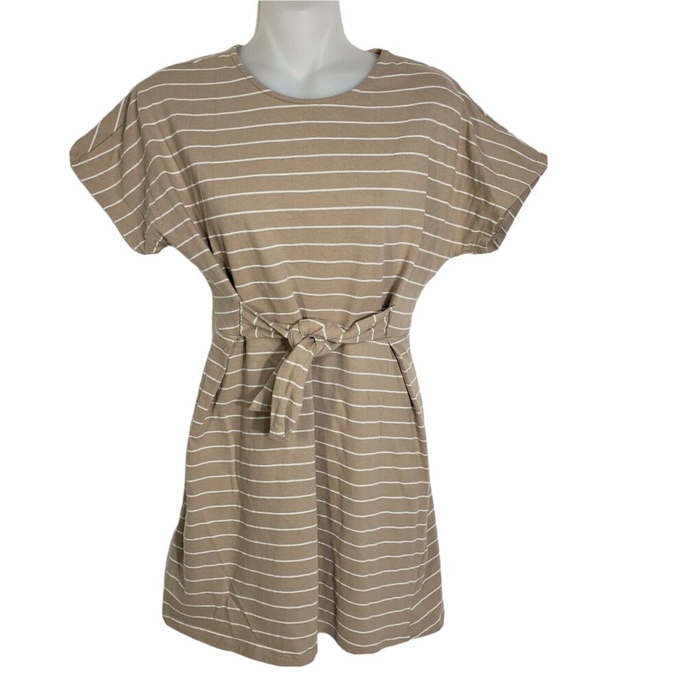 LUSH Mini Dress Size XS Tie Front Striped Beige Cotton Knit Short Dolman Sleeves
